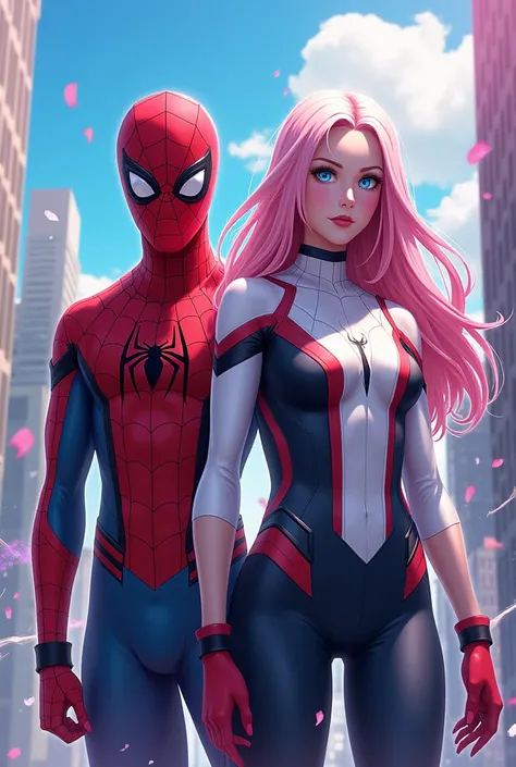 Spiderman and spidergwen wallpaper anime artstyle make spidergwen wear her white costume put her head costume too no showing hair and face