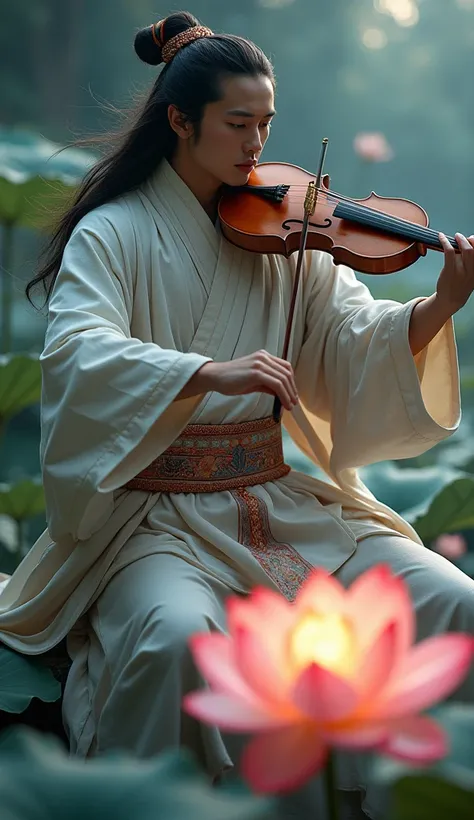 Hot young boy chinese man dress in Chinese traditional costume, playing erhu, masculine, long hair, noble, glowing, lotus