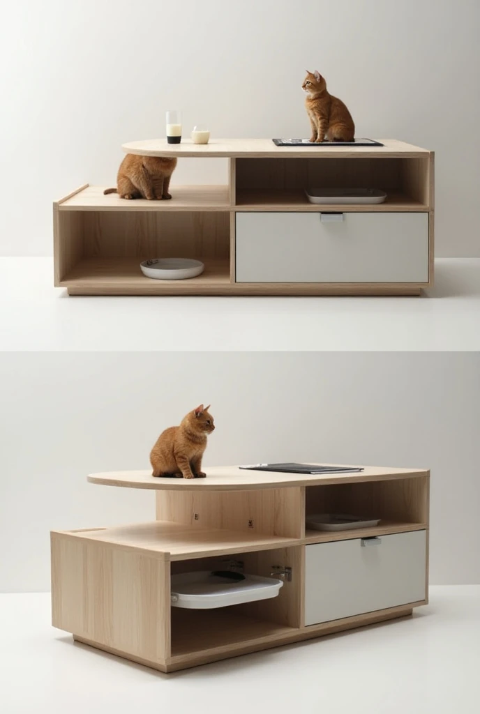 Generate an image of pet friendly furniture for cats with dimensions 70 in height, 60 in width and 45 in height, where it is a multifunctional side table for the living room and has a drawer that goes out next to the rest area and can be stored and opened ...