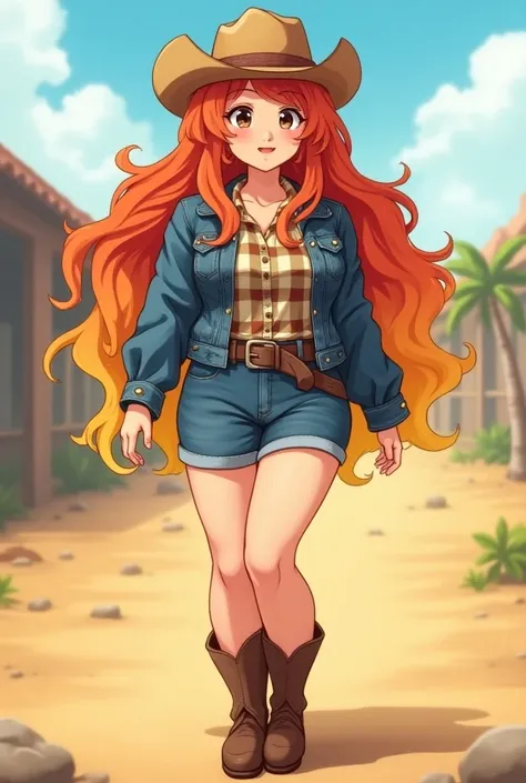 Create an anime-style drawing with a chubby girl with long, reddish hair with an orange and yellowish gradient and dressed as a cowgirl. full body standing