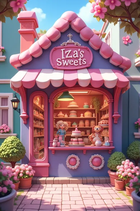 Show me a pink and purple , candy and cake store with the name of Realistic Iza Sweets