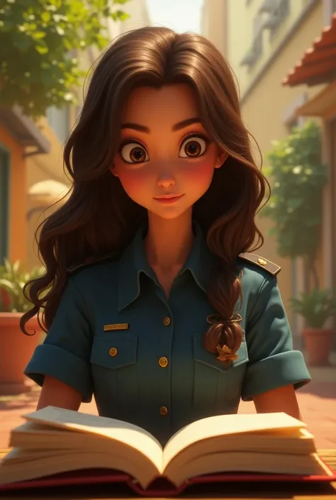 Disney Pixar image of a fair-skinned young brunette with long wavy hair, thin face, brown eyes, police and military profession from Ceará reading a book 