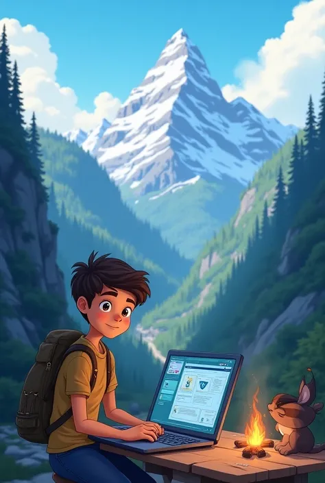  Generate a Disney-style photo of a young man with a mountain pass, in front of a computer working with computer security  