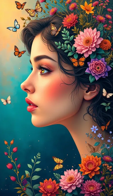 Art work for wall, colour full, vibrant women side face, multiple elements, birds, flowers butterfly 