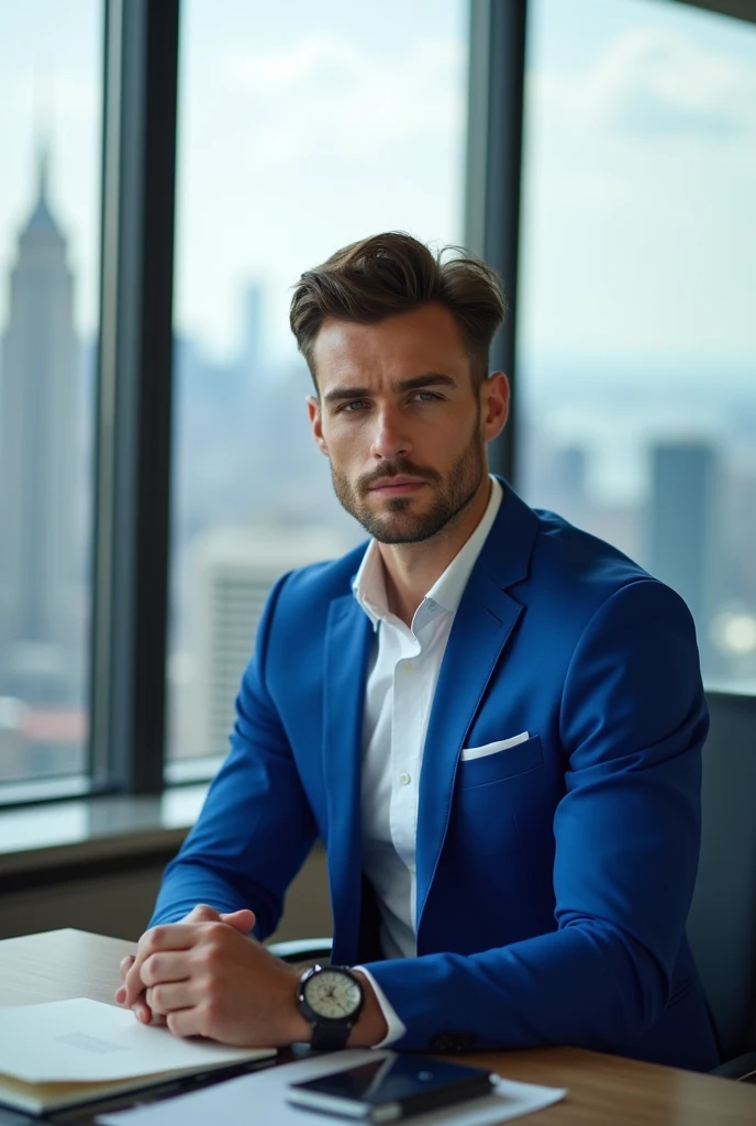 Create for me a photo of a very attractive young man in an office in a building,  sitting at a table in front of the notebook wearing a royal blue sports suit,  in the background there is a large glass that overlooks the entire city 
