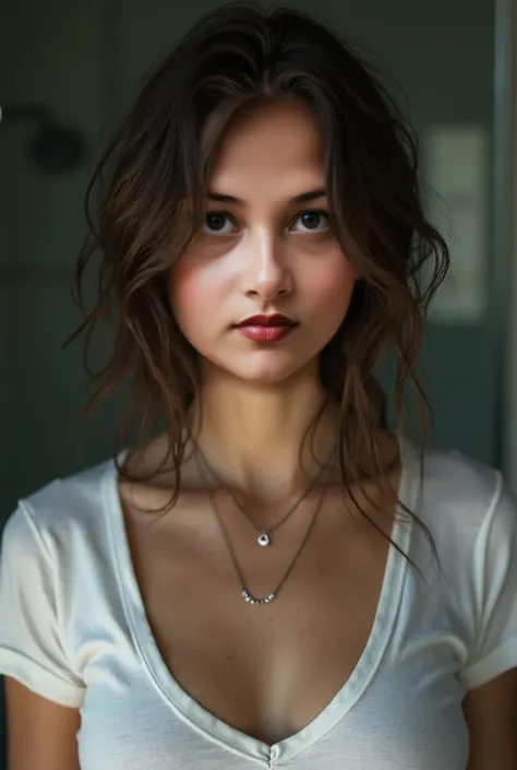 (masterpiece, photorealistic:1.4, extremely intricate:1.3, radiosity, photon mapping, dtx, 8K), ((((closeup necklace, white t-shirt, humid, [big breasts:large breasts:0.8])), humid, [skin detail:freckles:0.7], natural, 19 year teenage supermodel), dark roo...