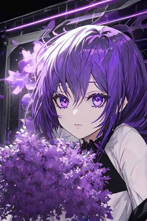 Female + purple hair + purple eyes + star eyes + black and purple dress