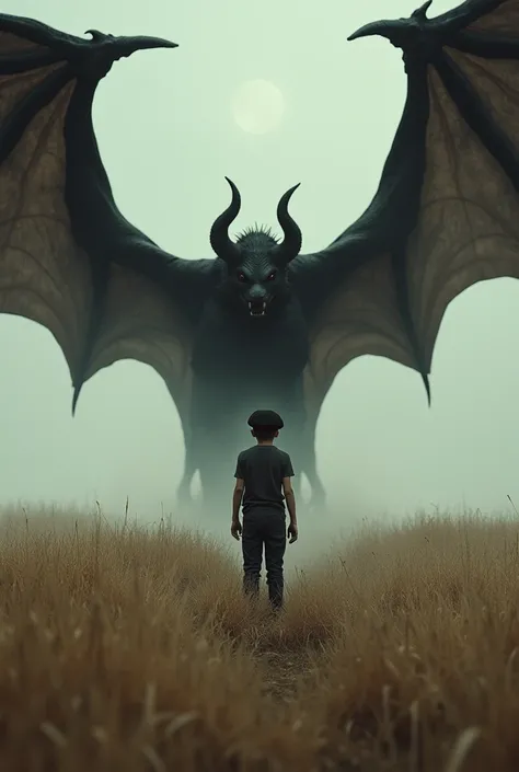  make a boy in a beret being held hostage by a vampire creature with huge wings. Theyre in a wide open field 