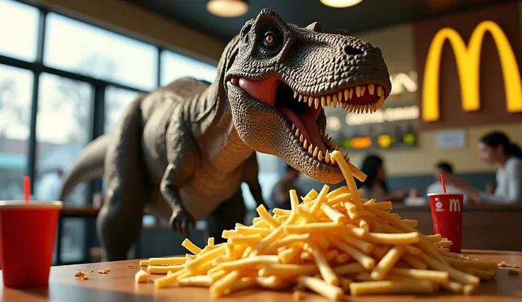 Tyrannosaurus is eating potatoes at McDonalds。