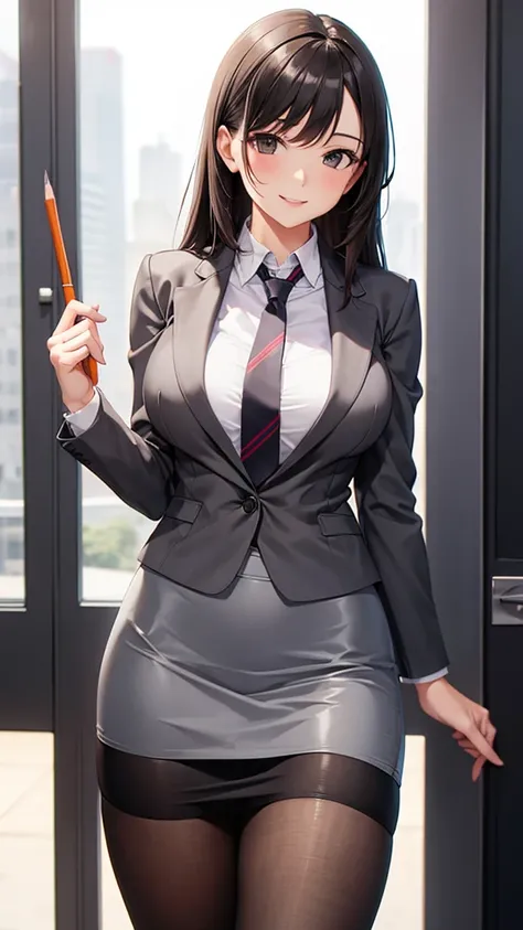 sexy woman in grey skirt suit　Im wearing a gray pencil skirt and brown tights　tie　smile　 high resolution on down　High image quality　