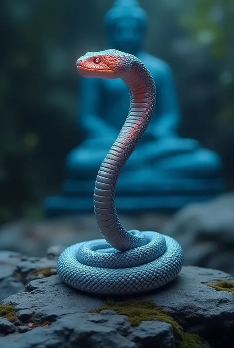 Photo of snake with Aura 1000+ standing on rockysurface  disciplined with blue Buddha statue background glowing eyes