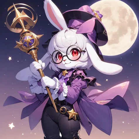 Solo, High Resolution, Looking at viewer, Blush, Smile, 1boy, Boy, Bunny, Anthropomorphic Bunny, Red Eyes, Animal Ears, Cowboy Shot, Rabbit Ears, Furry, Furry Bunny, Cute, Little, Tender, Big Round Glasses, Sorcerer Hat, Ruffle Satin Gloves, Jabot, Big Boo...