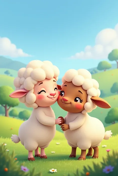 Create an image of Betty the Sheep kissing Woody. 