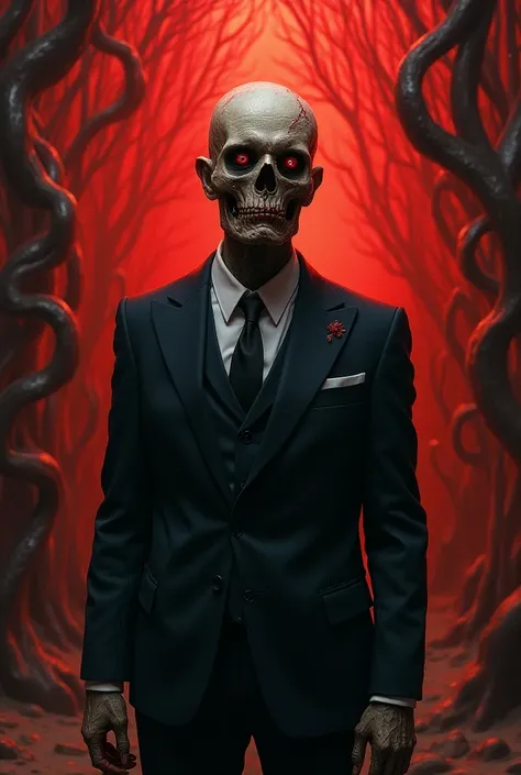 Zombie Man、Classy Suit、 surrealist painting, Goa, grotesque、Horror,  horrible.background red black 