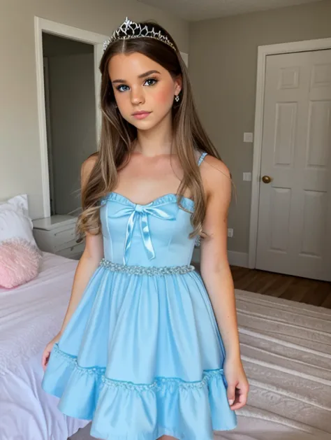 brooke monk wearing a puffy sky blue dress in her bedroom, is wearing tiny tiara, young adult woman