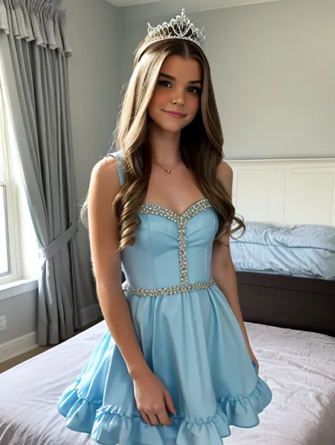 brooke monk wearing a puffy sky blue dress in her bedroom, is wearing tiny tiara, young adult woman