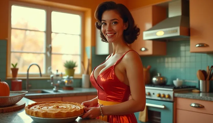 Maximum quality masterpiece, 4k resolution, (best quality,4k,8k,highres,masterpiece:1.2), ultra-detailed, (realistic,photorealistic,photo-realistic:1.37), HDR. A beautiful young woman with a joyful expression is in a retro-futuristic 1950s kitchen, beautif...