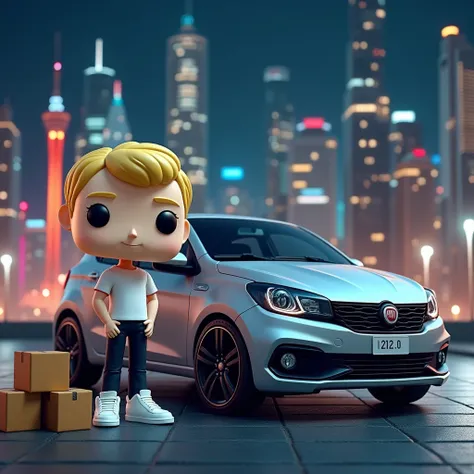  Create a funko pop , a skinny boy ,  medium height  , white pele, Blonde hair, black jeans, Air Force 1, white shirt, and three medium-sized boxes on the floor next to you,  in front of a car a silver Fiat Punto TJet 2014 with black rims against a backgro...