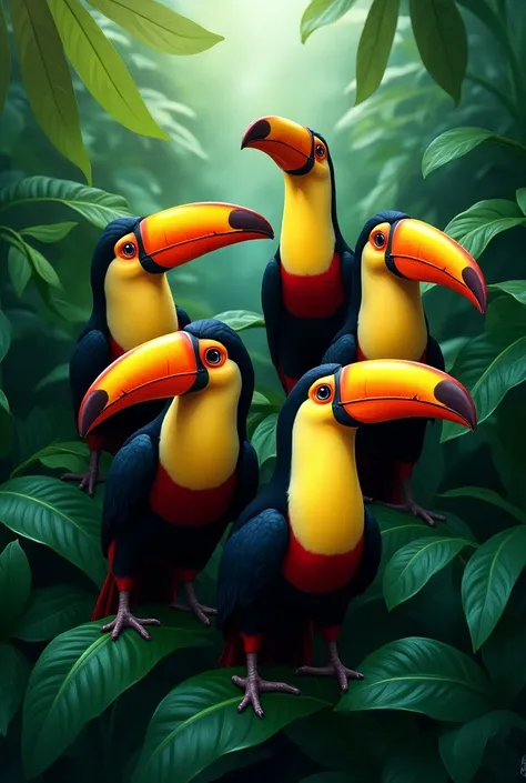 Six toucans with tropical leaves