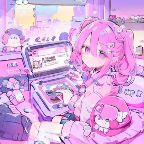 kawaii girl playing video games ,, pink-tinted lenses, pink pigtails.