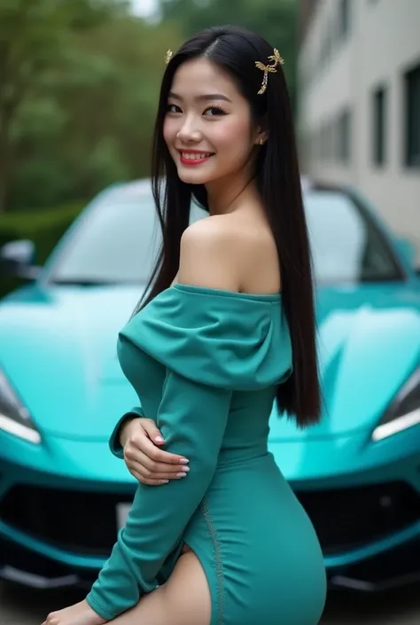 A beautiful Asian woman,white soft skin, 26x24x38 body size 130kgs, long shiny black straight hair with 2 clips,wearing aquamarine  offshoulder fitted dress, aquamarine highhells, gold accessories, smiled,model standing in front of aquamarine  car backgrou...