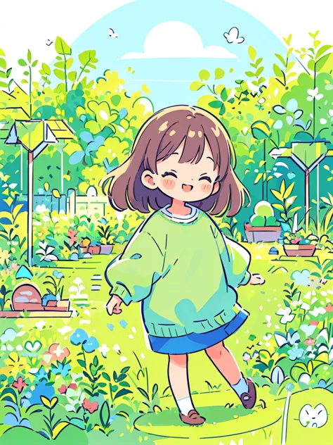 (flattening，ui vector style), (1 girl，green garden sketch:1.5)，rosy cheeks，bright smile，wearing casual，cozy clothings，garden，on ...