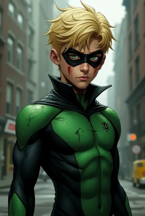  Make a teenage hero boy all bruised and bleeding, Blonde with a black mask ,  green and black outfit with high collar . DC style design .