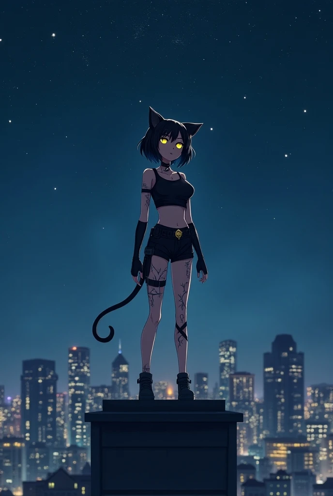 A catgirl, short black hair, yellow eyes, black choker with bell, black crop top, utility belt, black fingerless gloves, black shorts, with many huge scars   on her limbs and neck,on the roof of a very tall building looking at the stars in a big night sky....