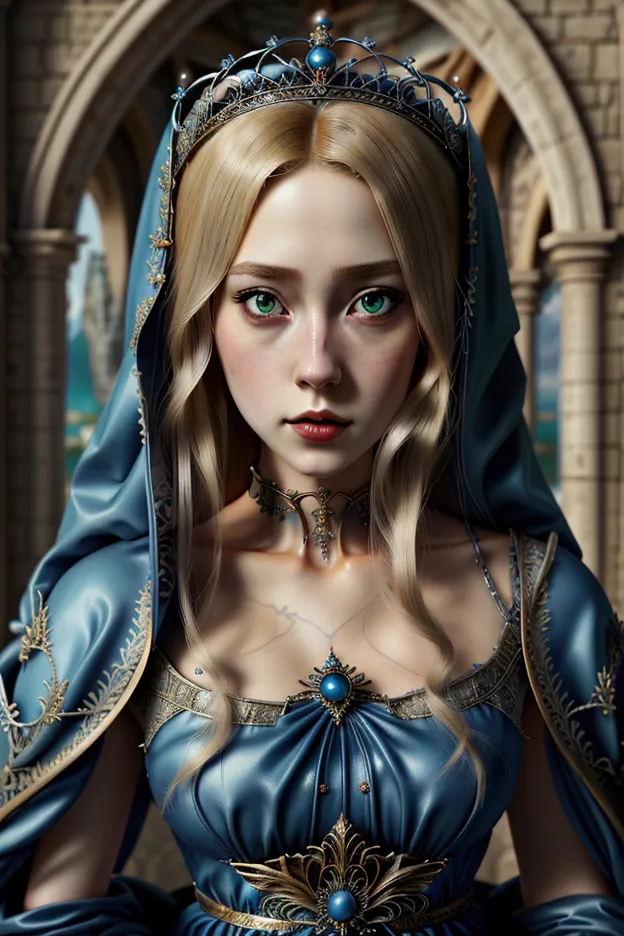 blond-haired woman wearing blue dress and veil over her head., beautiful maiden de fantasía, fantastic detailed art,  beautiful ...