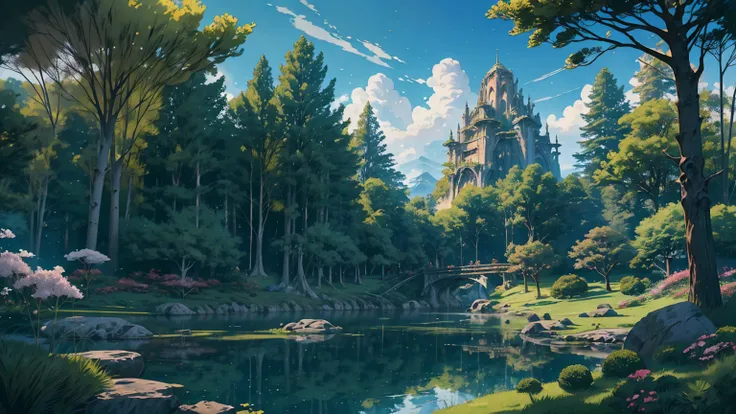 Enchanting 8K Fantasy Anime Scene: A paradisiacal landscape: a surreal grove with towering trees, vibrant flowers, and sparkling streams beneath a dramatic sky—a magical, ethereal atmosphere blending dark fantasy with natural serenity. A vivid paradise con...