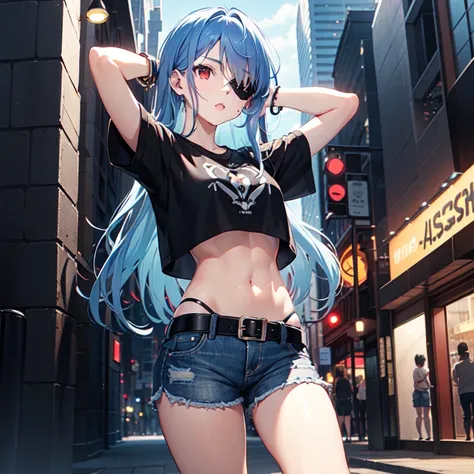 (1girl:1.3), (long blue hair:1.4), (((red eye))), ((black eye patch left eye)), (cropped t-shirt black:1.2), (casual confident style), (light blue denim shorts, black leather belt:1.1), (black bracelet cuff:1.1), (well-defined arms:1.2), (hands behind head...