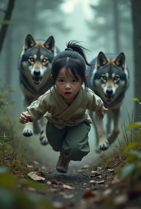 1 little Chinese girl, Face,  is chased by wolves 