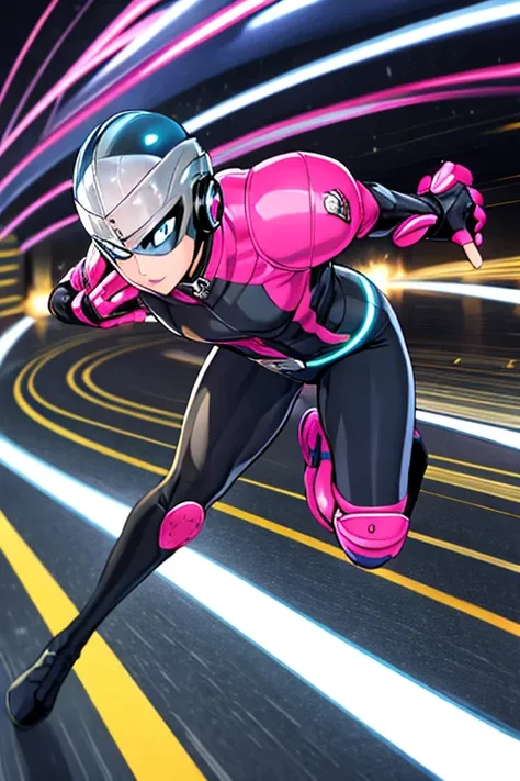 ((best quality)), ((masterpiece)), (detailed), 1 girl, full body, 20s, young adult, masked, black mask covering her entire head, smooth head, biker helmet, biker helmet with blue headphones on the sides, flashlight on her forehead, short pink hair coming o...