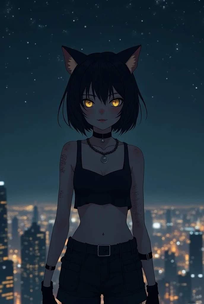 A catgirl, short black hair, yellow eyes, black choker with bell, black crop top, utility belt, with huge and painful scars on her neck and arms  black fingerless gloves, black shorts, on the roof of a very tall building looking at the stars in a big night...