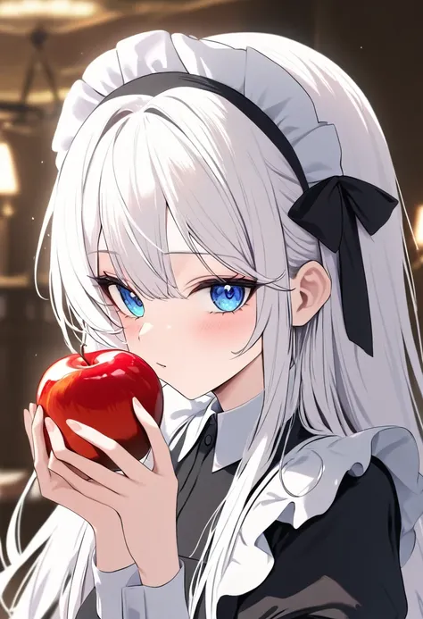 1girl,solo,white hair,very long hair,maids outfit,close-up of face,looking at viewer,holding apple,
newest,highres,absurdres,highly detailed,best quality,