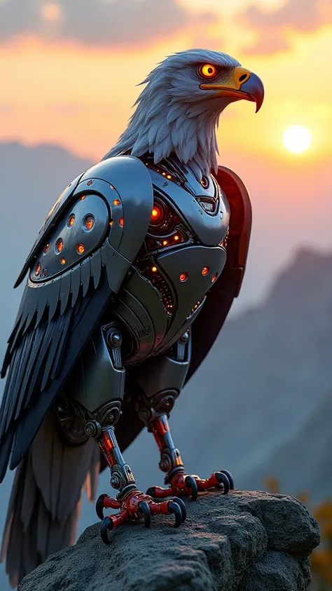 A photo of a majestic eagle with a futuristic, robotic design. The eagles body is intricately detailed with shiny metal components, bright orange, red, and blue lights, and mechanical joints. Its wings flow with a windswept look, and its eyes emit a fierce...