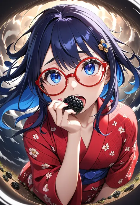 (best masterpiece, high resolution: 1.5), (8K, RAW photo, fisheye effect, perfect anatomy, golden ratio: 1.3), pointillism, professional photography, gaze, lone Japanese idol, (real: 0.5 ), (eating blackberries: 1.5), (diamond pattern, red yukata: 1.5), (t...