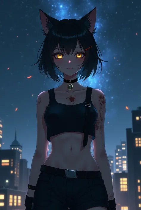 A catgirl, short black hair, yellow eyes, black choker with bell, black crop top, utility belt, with huge and painful scars on her neck and arms, black fingerless gloves, black shorts, on the roof of a very tall building looking at the stars in a big night...