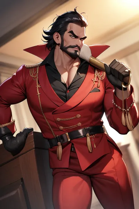 Captain Hook, mature man, red suit, stocky and elegant body,  seductive and erotic , attractive, 