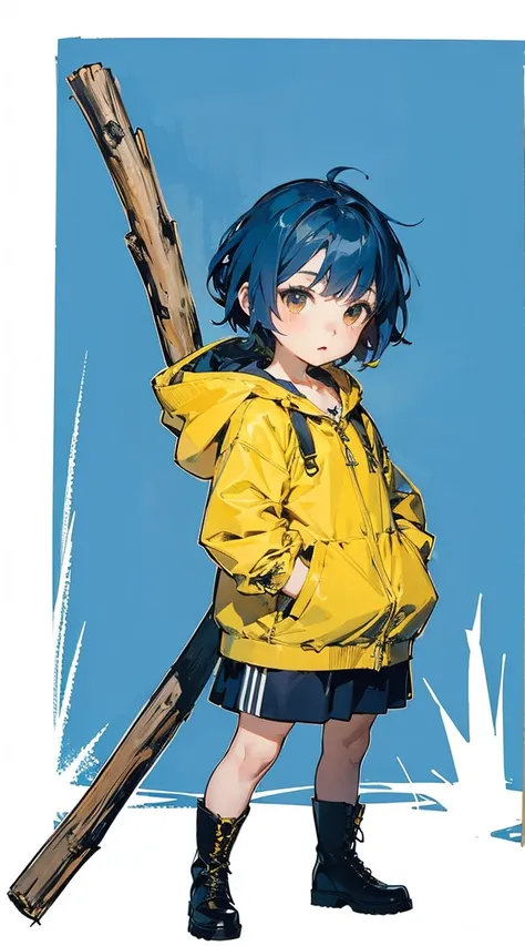 Luce, Chibi, yellow coat with hoodie and pockets, short hair, blue hair, boots, pendant, sticks 1 girl