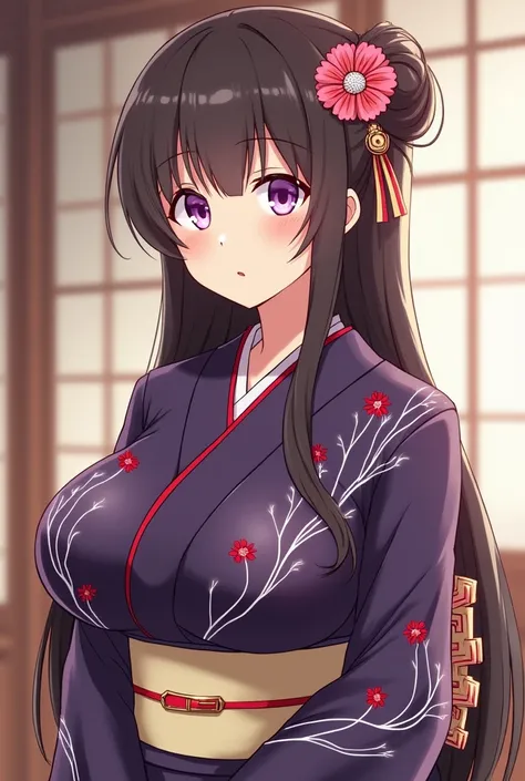 Slender and delicate anime woman with noticeably large breasts which are 105 centimetres. Her long, dark brown hair is parted in the center and worn back into a large, low bun, which is held in place by a floral tama-kanzashi hairpin. She has large, gentle...