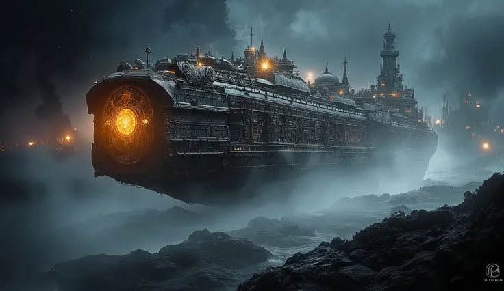 A hyper-detailed, cinematic depiction of Gothic steampunk star battleships in the grimdark style of Warhammer 40k. Long rectangular box shape body, hiuge ship brigde, guns nad turent on body. Massive, brutalist structures move silently through a darkened s...