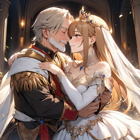 The queen woman of the Kingdom, both physically and mentally, is a beautiful, light-brown-haired Princess Leona, wears a royal bridal costume, and they hug and kiss the great kings old man, have a wedding and love each other、((Best Quality)), ((masterpiece...