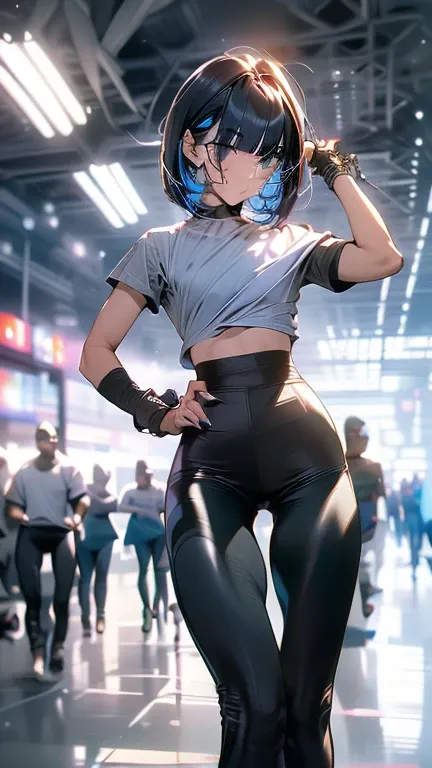 sfw,Best Quality,  official art, masterpiece,(One person:2.0), Neutral Mens ,( flat chest:1.3),(7 heads), Black Hair ,(Bob Cut Hair),(running:1.5), sportswear,(stretchy leggings:1.5), sneakers , Short Sleeve Shirts,Floral,( Miniskirt),marathon course ,gard...