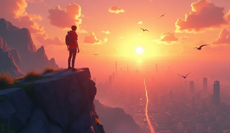 3d animation style.Sunrise at the top of the mountain ：mountain top in the morning， The protagonist stands alone on a rock ，Overlooking the entire city， The sun rises from a distance ， indicates a glimmer of hope in his heart and yearning for the future。"