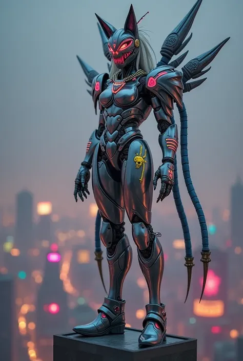 Create a Chinese-Japanese female robot killer image, a muscular body, a 34-inch waist,  wearing a multi-colored chrome  armor embedded with fantasy diamonds.,With decorations,Ladybug image,Head shape,Wolf head shape,Cross shape,Skull shape,Heart shape,,Sta...