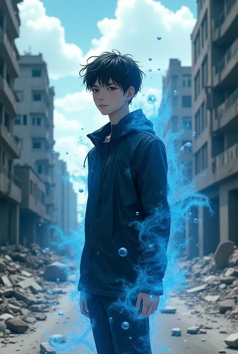 ( 17-year-old boy in the body of a soul with particles of blue and black rays emitting around him.), 3D rendering, special effects from the movie , movie lighting, City in ruins, HD clear road background,  resolution 8k ,  text, digital painting, conceptua...