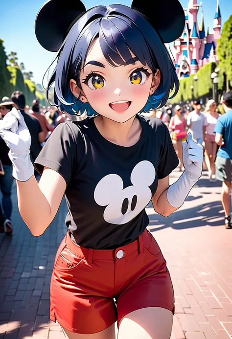 popart,,(Masterpiece, bestQuality: 1.2), cute young girl posing for the camera in a Mickey Mouse costume at Tokyo Disneyland. she has black mouse ear, red shorts with white buttons, a simple black shirt, white gloves, and yellow shoes. The background shows...