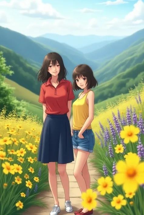 Masterpiece, two beautiful Japanese women, one woman wearing red polo shirts and navy blue skirt, another one wearing a yellow tank-top and short denim jeans, posing playfully in a mountain path, surrounded by bright lavender wildflowers and green foliage,...