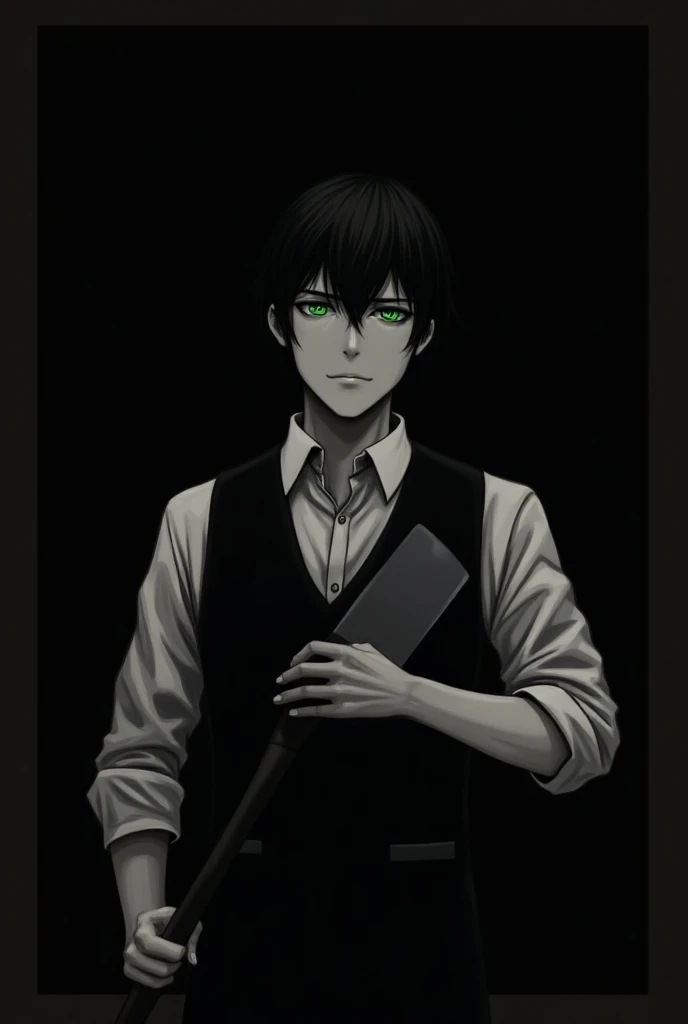 monochrome, tcoaal, 1guy, solo, looking at viewer, shirt, long sleeves, holding a cleaver, closed mouth, green eyes, white shirt, upper body, short hair, collared shirt, holding weapon, vest, parody, border, black background,black vest, andrew graves